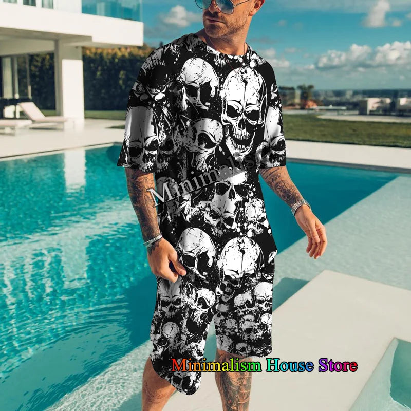 Summer Clothes For Men Vintage Tshirt Shorts 2 Pieces Set Men's Oversized Tracksuit Skull 3D Print Street Men Sets Short Outfits