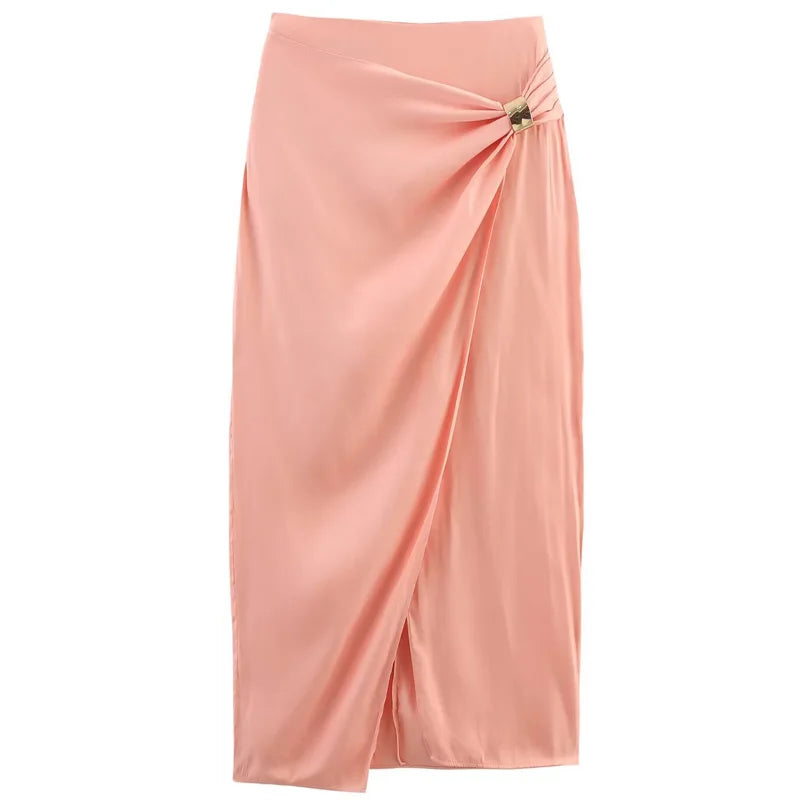 TRAF Satin Skirt Set Elegant Women's Sets Backless Halter Top Woman 2 Piece Set Outfit Fashion Midi High Waist Wrap Skirt Suits