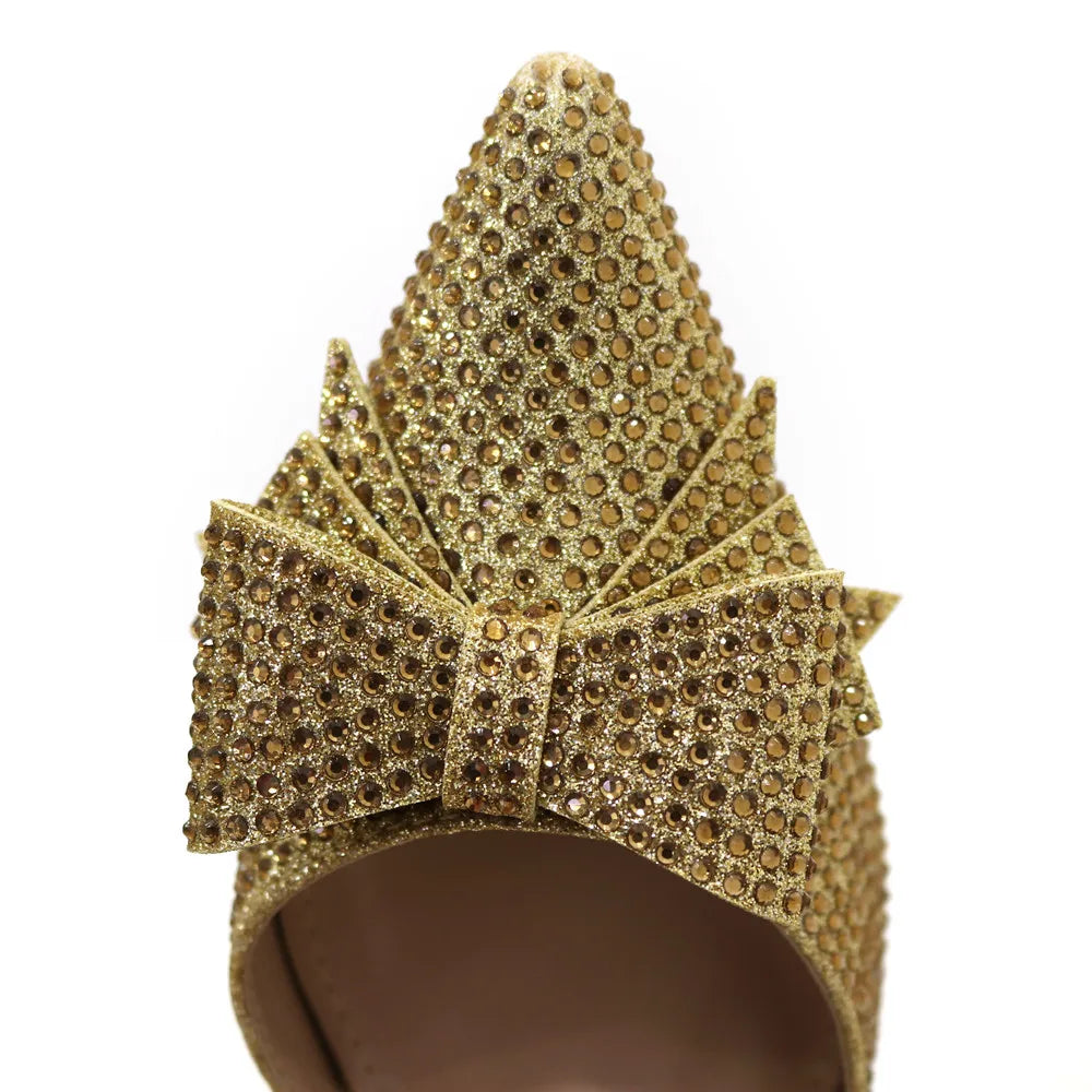 Venus Chan Bridal High Heels for Women 2023 Pointed Toe With Bows Gold Color Rhinestone  Elegant Party Wedding Shoe and Bag Set