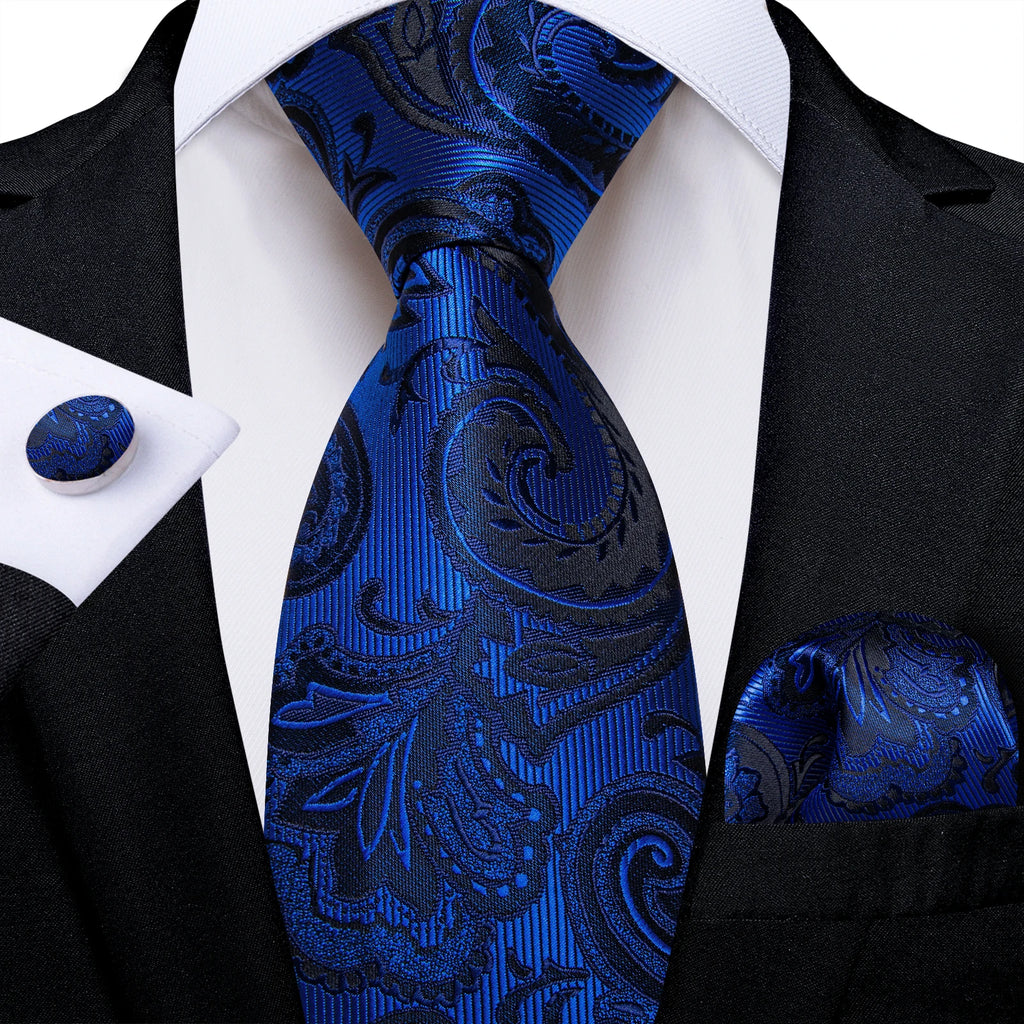 Royal Blue Paisley Plaid Striped Men tie Set with Handkerchief Cufflinks Wedding Prom Groom Accessories Perfect Gift for Men