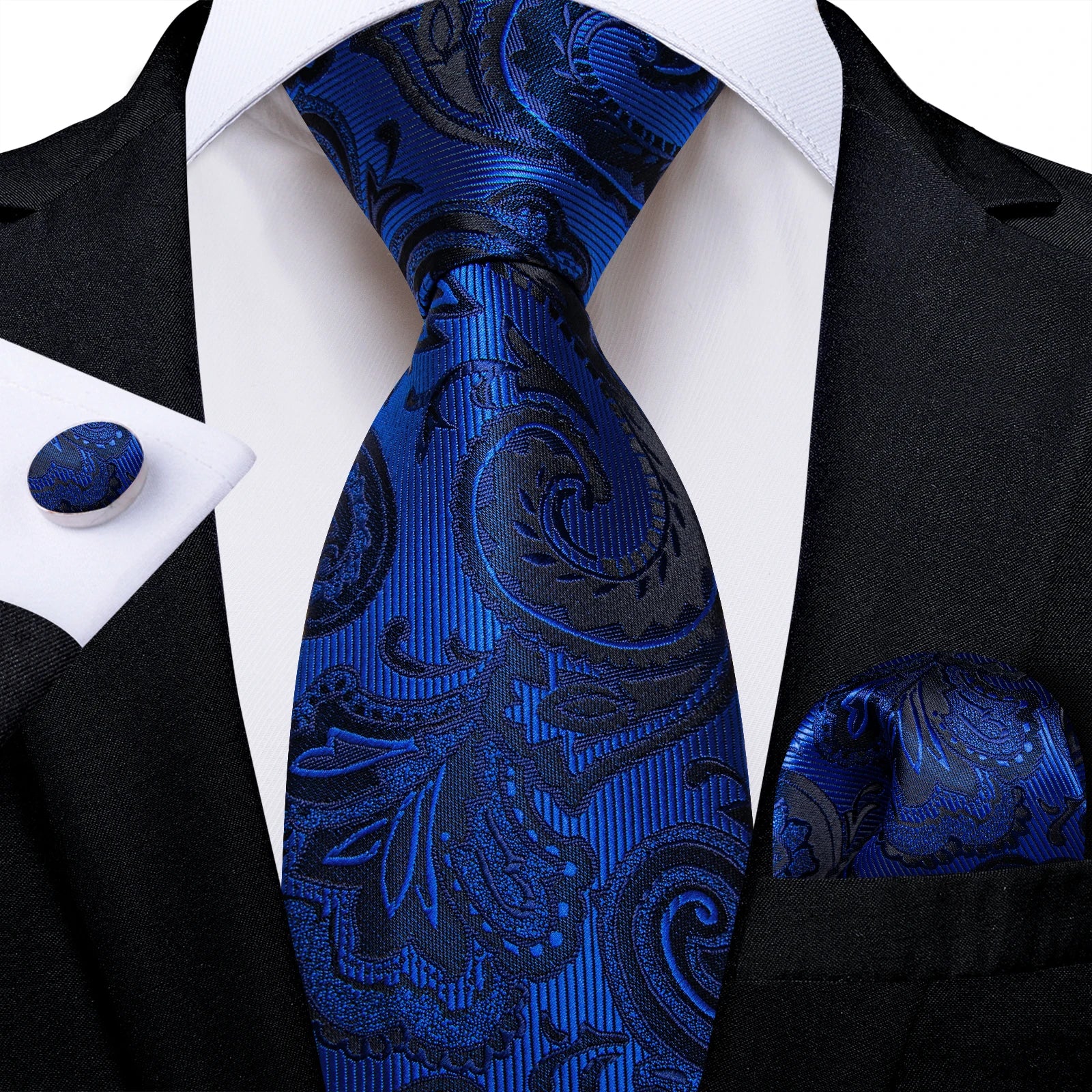 Royal Blue Paisley Plaid Striped Men tie Set with Handkerchief Cufflinks Wedding Prom Groom Accessories Perfect Gift for Men