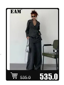 EAM Gray Spliced Pleated Personality Blazer Women New Lapel Long Sleeve Loose Fit Jacket Fashion Tide Spring Autumn 2025 30A1252