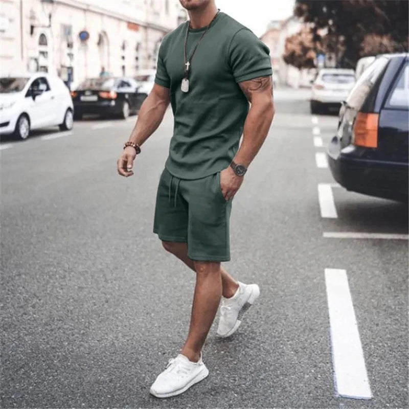 Solid Color Europe and The United States Men's 13 Color Summer New Short Sleeve Tshirt +Shorts 2pcs Set Leisure Sports Men Suit