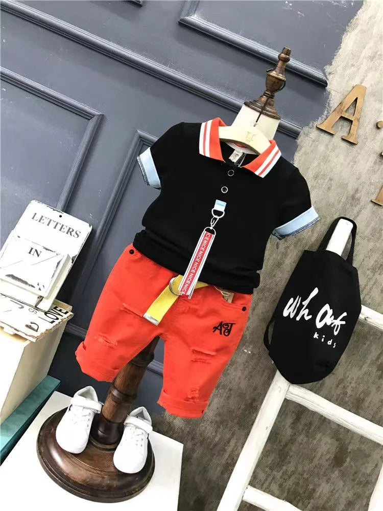 Boys' Summer 2024 New Set Summer Children's Clothing Children's Clothing Boys' Black T-shirt+Shorts Kids Outfits