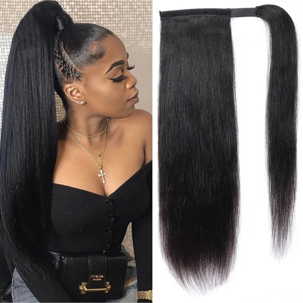 Ponytail Human Hair Wrap Around Long Straight Remy Hair Extensions Malaysia Hair Extensions Clip Ins Natural Color Hairpiece