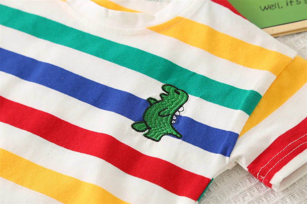 Summer New 2025 Fashionable Children's Boys' Colorful Striped Cotton Short Sleeved/cartoon Dinosaur Overalls Two-piece Set 1