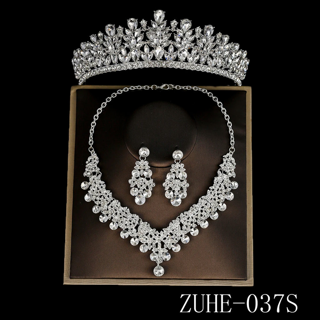 Bridal Wedding Elegant Headpieces Crystal Crown Tiara Classic Earrings & Necklace Set Jewelry Accessories Gifts for Friends