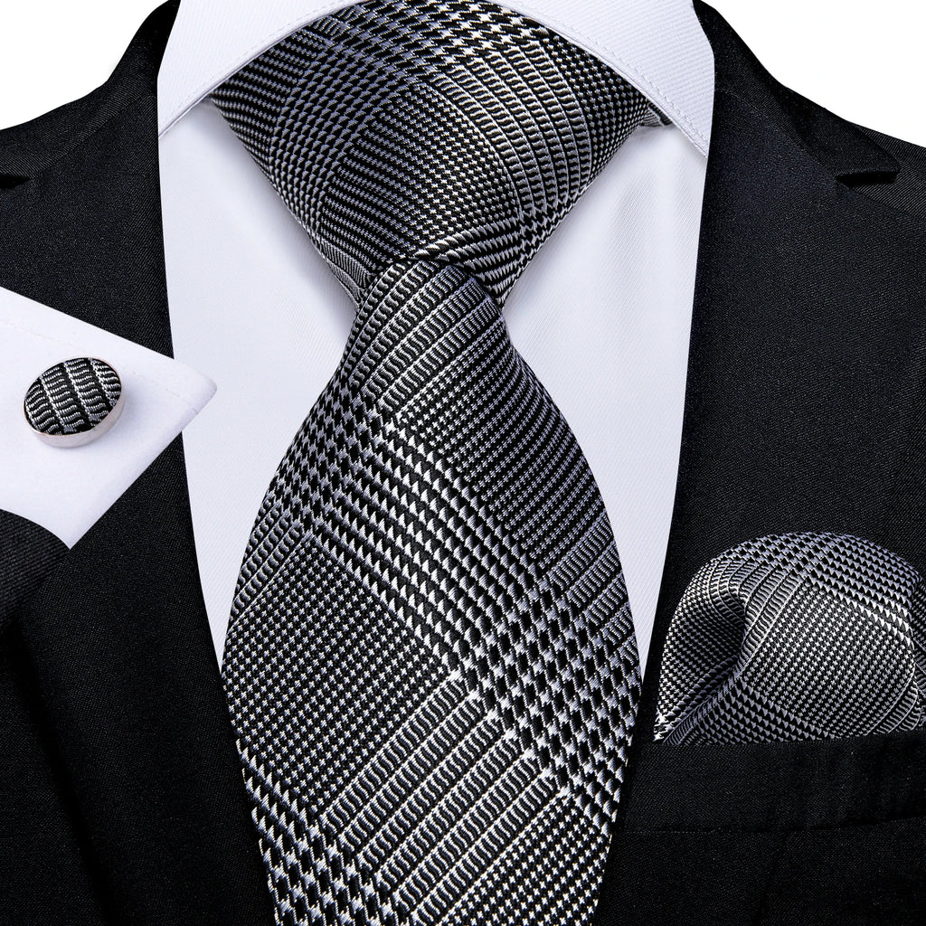 Solid Black Plaid Men's 8cm Polyester Neck Tie Handkerchief Cufflinks Set with Gift Box Tie Clip Birthday Anniversary Gift