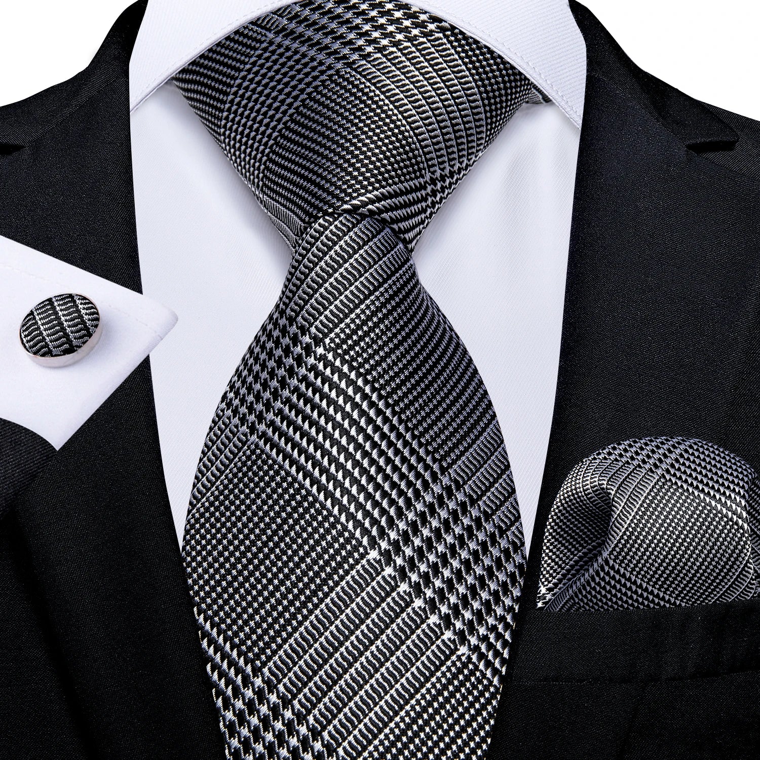 Solid Black Plaid Men's 8cm Polyester Neck Tie Handkerchief Cufflinks Set with Gift Box Tie Clip Birthday Anniversary Gift