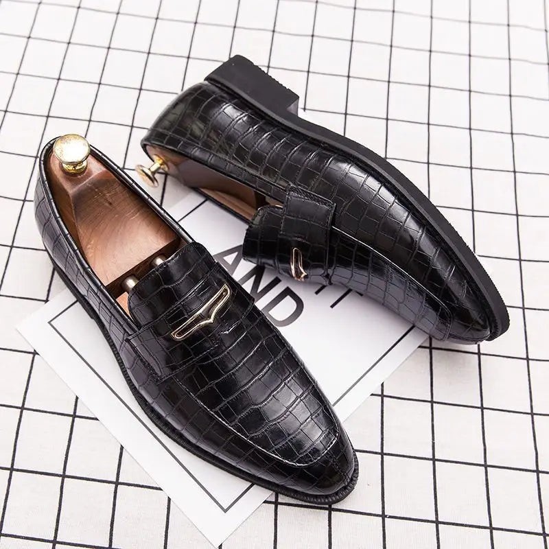 Men's Crocodile Pattern Black Loafers – Pointed Toe Slip-On Wedding Oxford