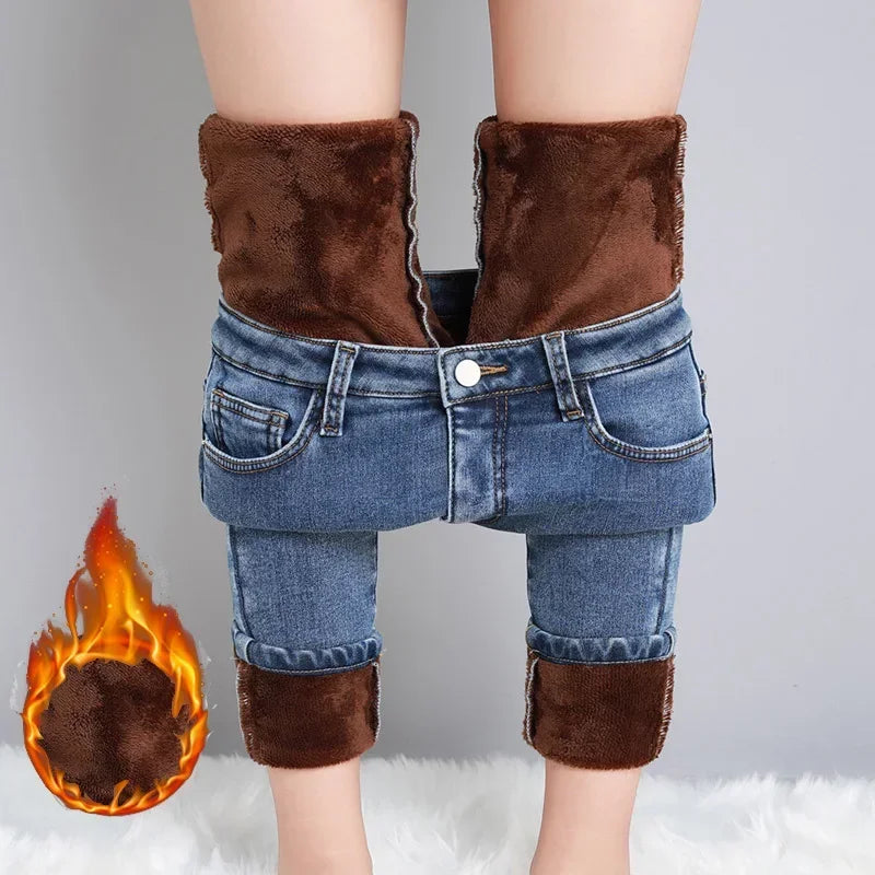 Women Thermal Jeans Winter Snow Warm Thickened Fleece Stretch Skinny Pencil Pants Fashion Korean Slim Fit Velvet Plush Pants