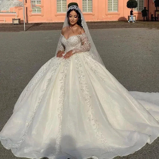 Customized Sparkly V-neck Wedding Dresses Off The Shoulder Lace Applique Bride Gown Ball Gown Long Robe Vestido De Novia 2025