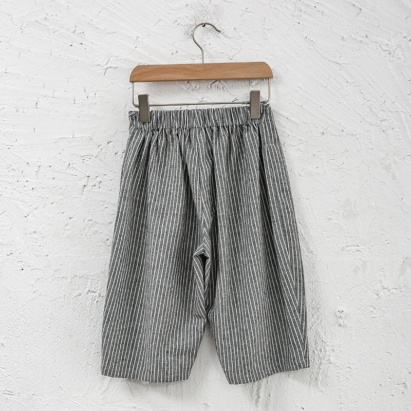 Children's Retro Striped Cotton And Linen Pant Spring Autumn New Japanese Boys And Girls Casual Loose Wide-Leg Pants WTP122