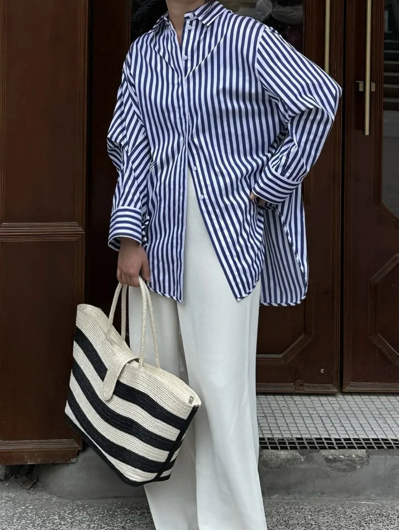 Traf 2025 women's spring new Europe-American fashion striped long sleeve lapel loose version poplin shirt multi-color selection