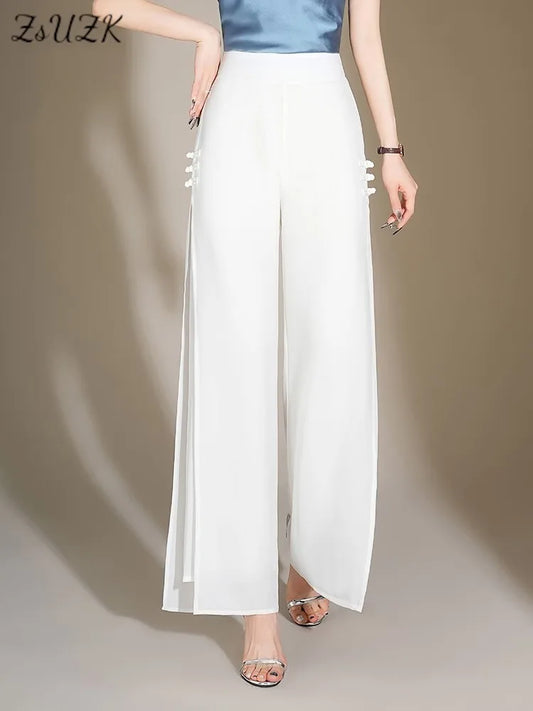 ZUZK Slit Chiffon Long Pants Summer Comfortable Elastic Waist Slim Double Layer Chiffon Pants Chic Droop Chinese Style Pants