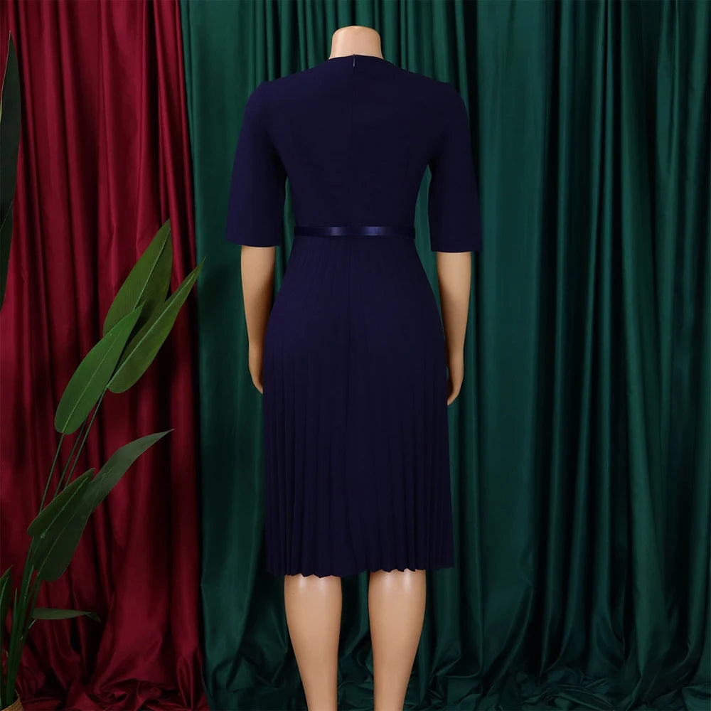 Church Dresses for Women Elegant V Neck Half Sleeves Pleated A-Line Midi Dress Female Classy Modest African Summer Fashion Gowns