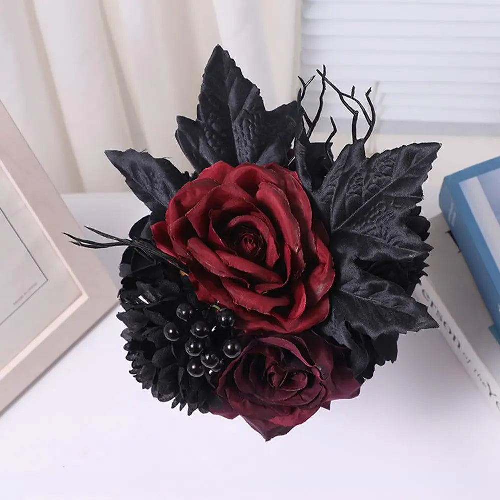 Yannew Black Burgundy Gothic Bridal Bouquets for Bride Bridesmaids Artifiicial Silk Foam Roses Flower Wedding Bouquet Halloween