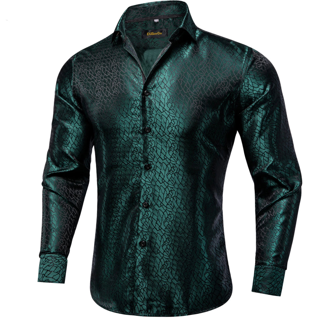 DiBanGu Silk Polyester Dress Shirts for Men Black Solid Paisley Red Silver Long Sleeve Turn Down Collar Prom Social Men's Shirt