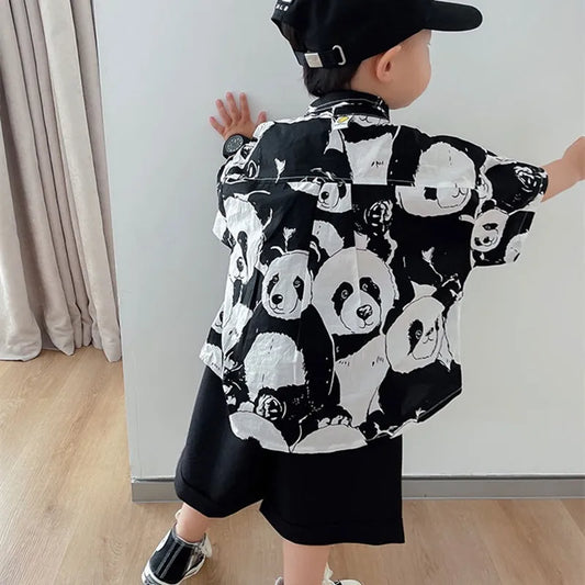 Summer fashion boys short sleeve shirt cartoon printed children turn-down collar shirt baby boy cotton Tops beach clothing