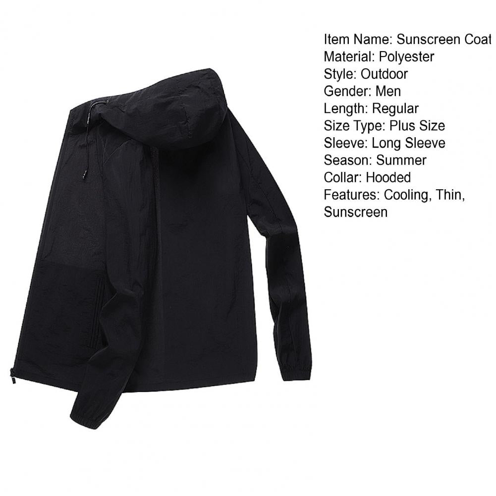 Men Summer Sunscreen Coat Hooded Thin Anti-UV Zipper Closure Solid Color Sunshade Long Sleeves Plus Size Fishing Men Summer Jack