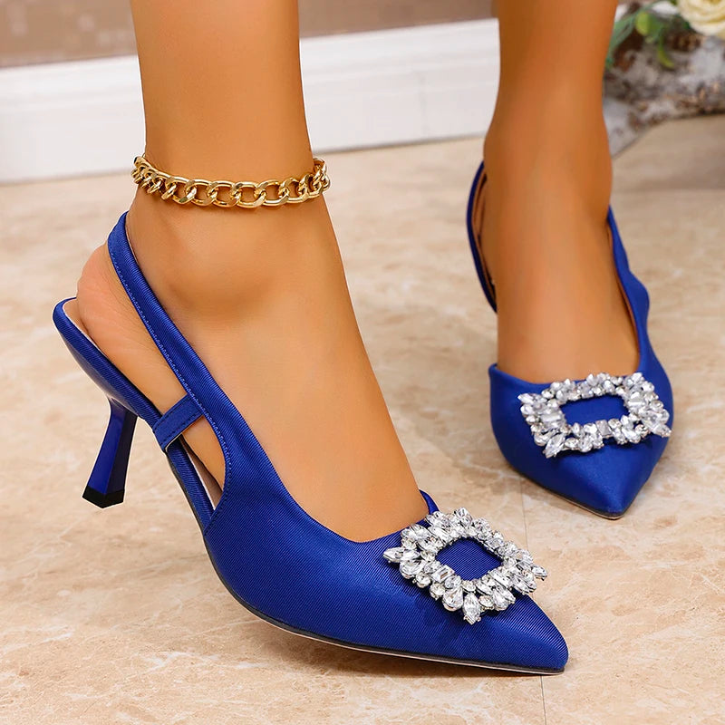 Elegant Ladies Crystal Buckle Pumps Summer 2025 Sexy Pointed Toe High Heels Sandals Women Back Strap Party Wedding Shoes Woman