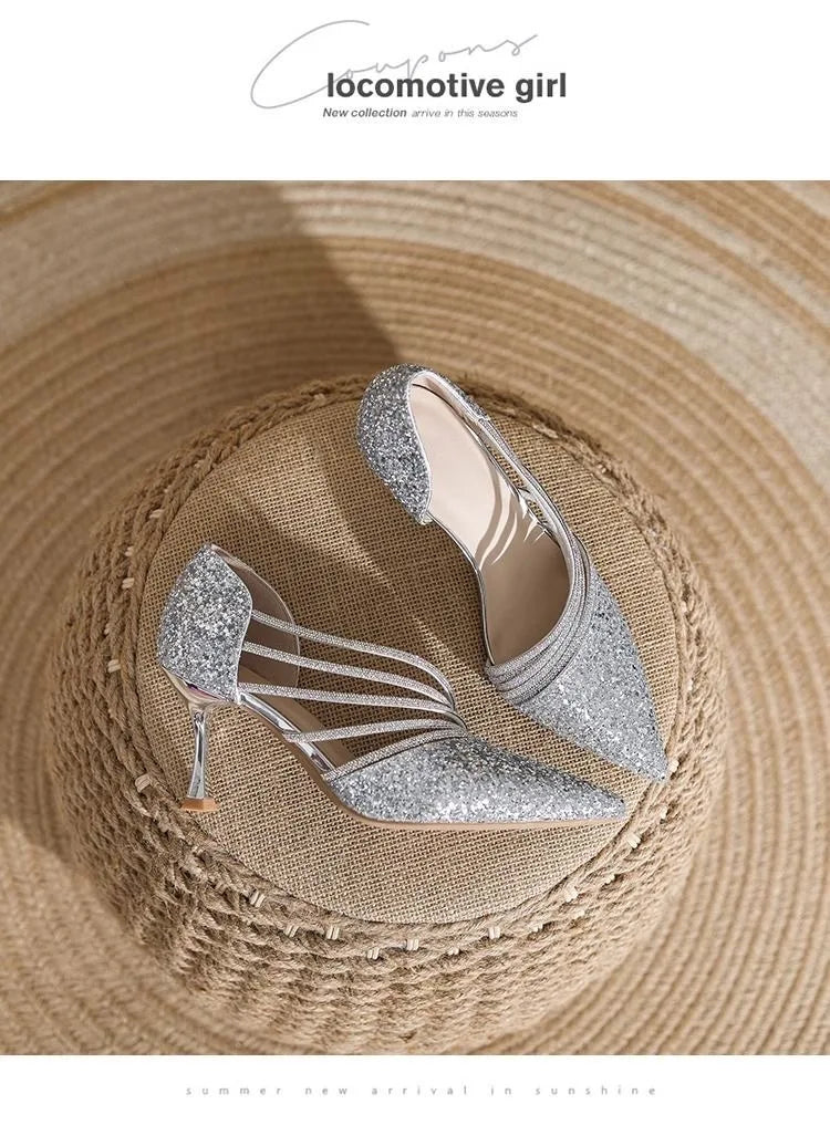 Sexy Pointed Toe Champagne Ladies High Heels New Shiny Crystal Wedding Bridal Shoes Simple and Elegant Women's Dress Shoes