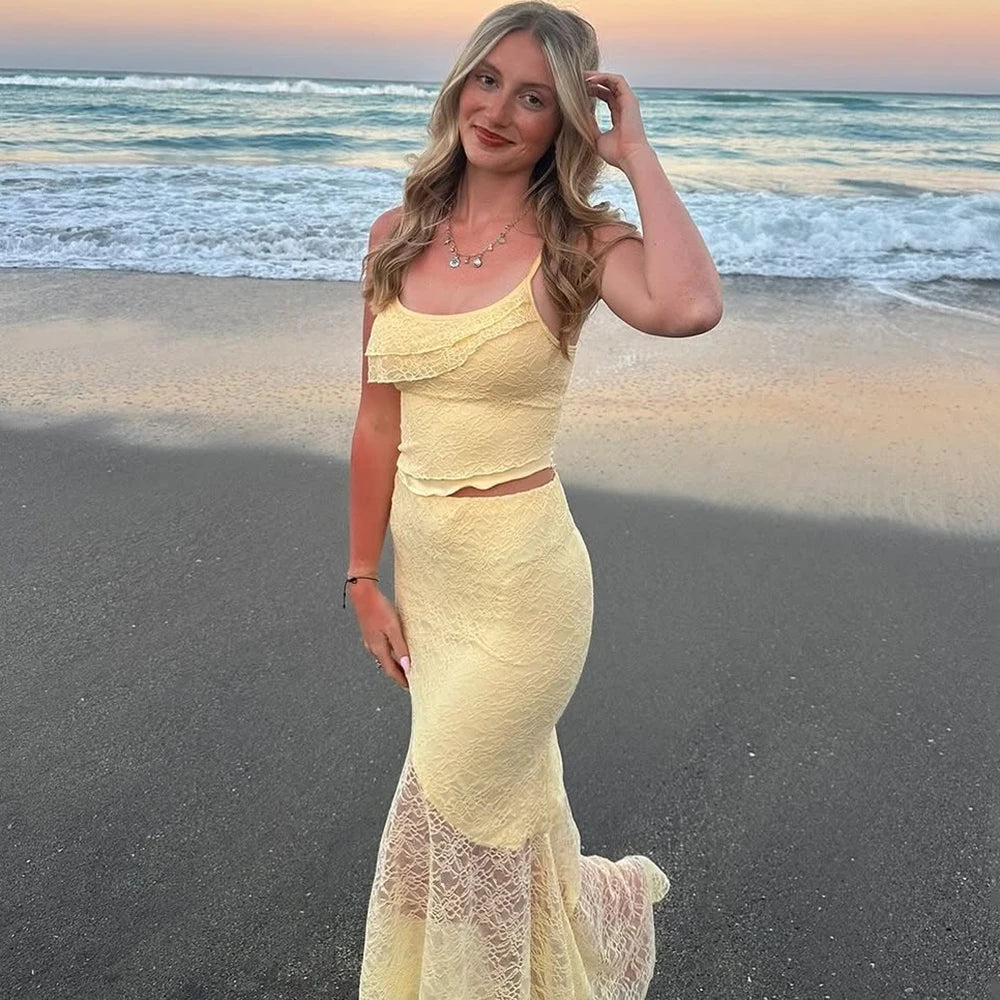 Tuularose Lace Sling Long Skirt Set Summer See-through Backless High Waisted Women Two Piece Sexy Beach Vacation Long Skirt Set
