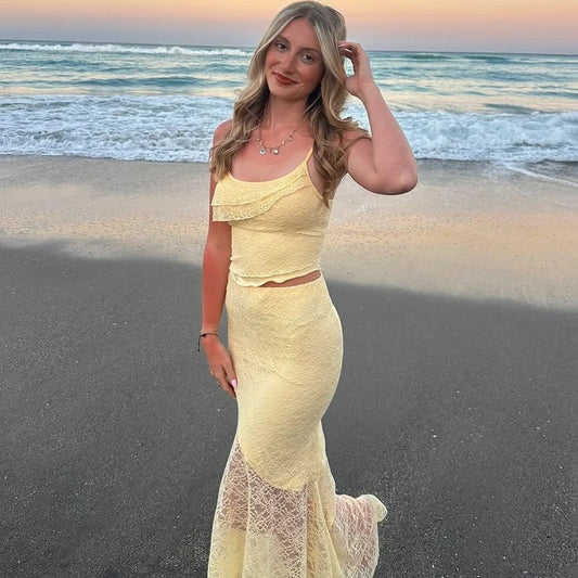 Tuularose Lace Sling Long Skirt Set Summer See-through Backless High Waisted Women Two Piece Sexy Beach Vacation Long Skirt Set