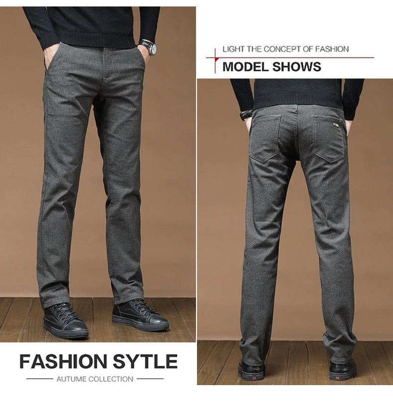 Winter Fashion Thermal Mens Casual Pants Fleece Lined Straight  Business Trousers Versatile Black Gray Blue Brand Trousers