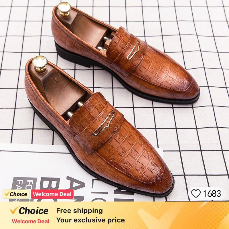 Men's Crocodile Pattern Black Loafers – Pointed Toe Slip-On Wedding Oxford