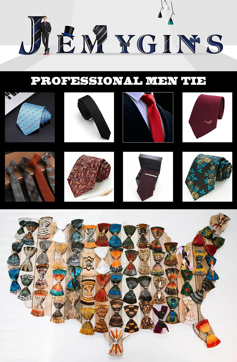 JEMYGINS New Fashion Black Plaid Men's Tie 8cm Silk Business Necktie Handkerchief Tie clips set Wedding Party Tie Gift For Men
