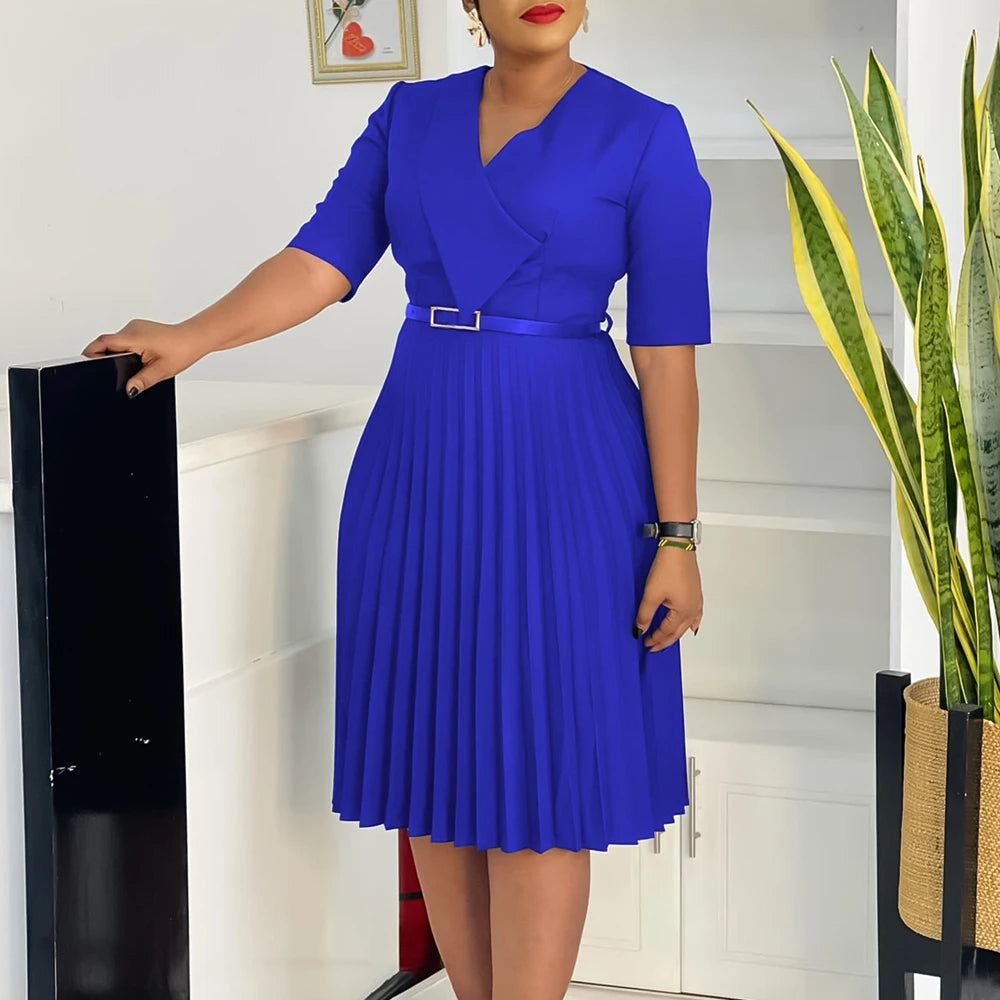 Church Dresses for Women Elegant V Neck Half Sleeves Pleated A-Line Midi Dress Female Classy Modest African Summer Fashion Gowns