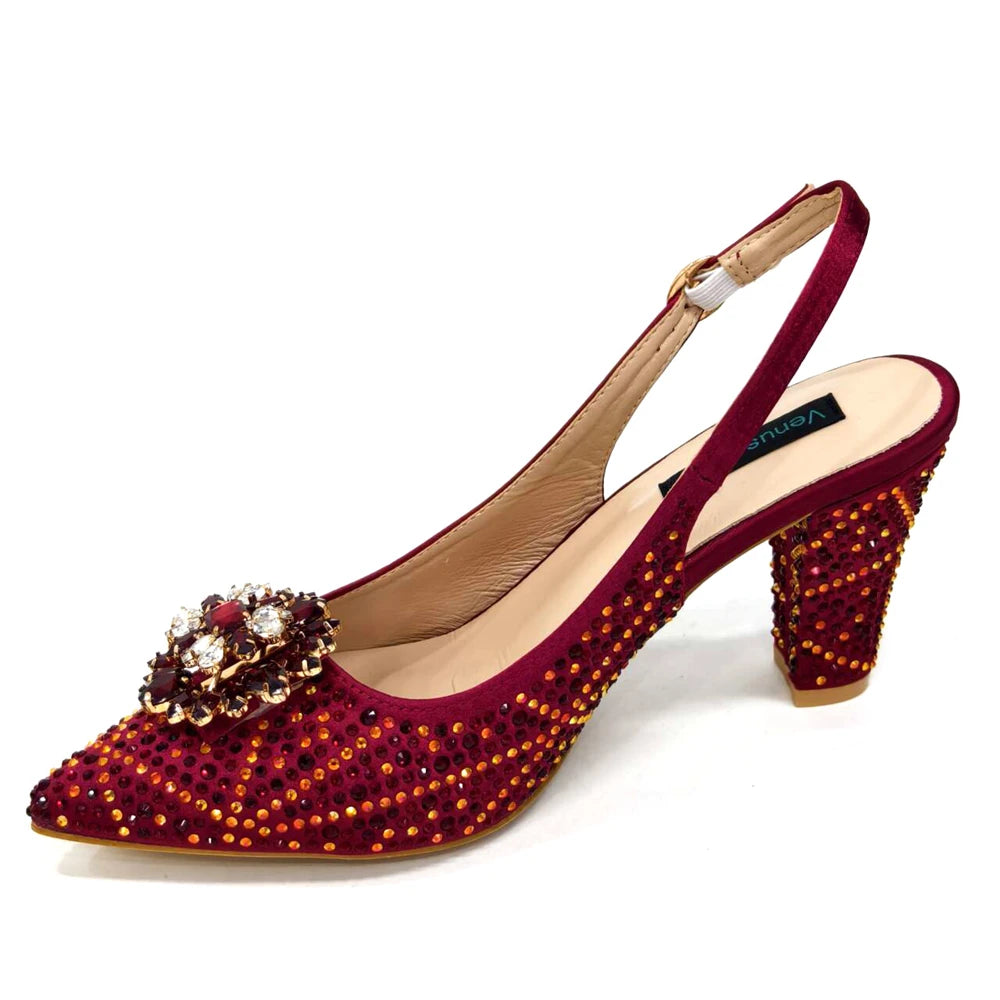 Venus Chan Nigerian Women Heel Party Ladies Italian Design Shoes And Bag Set Decorated with Rhinestone Handbag Wedding Party