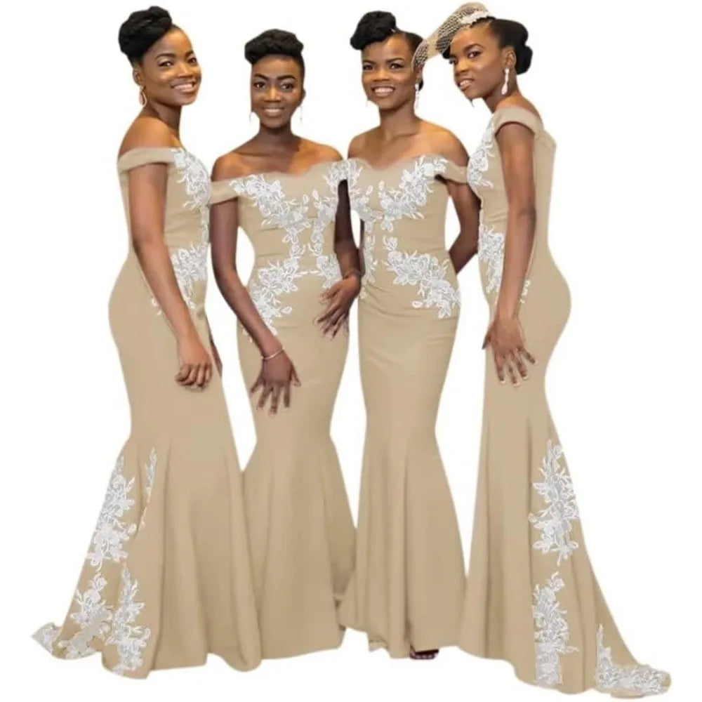 Burgundy Womens Off The Shoulder Mermaid Bridesmaid Dresses for Wedding Lace Satin Prom Dresses Long Formal Evening Gowns Africa