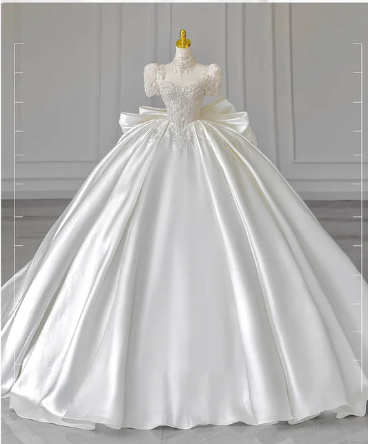 Satin white French light wedding dress 2023 new bride high-quality texture trailing summer court style main yar