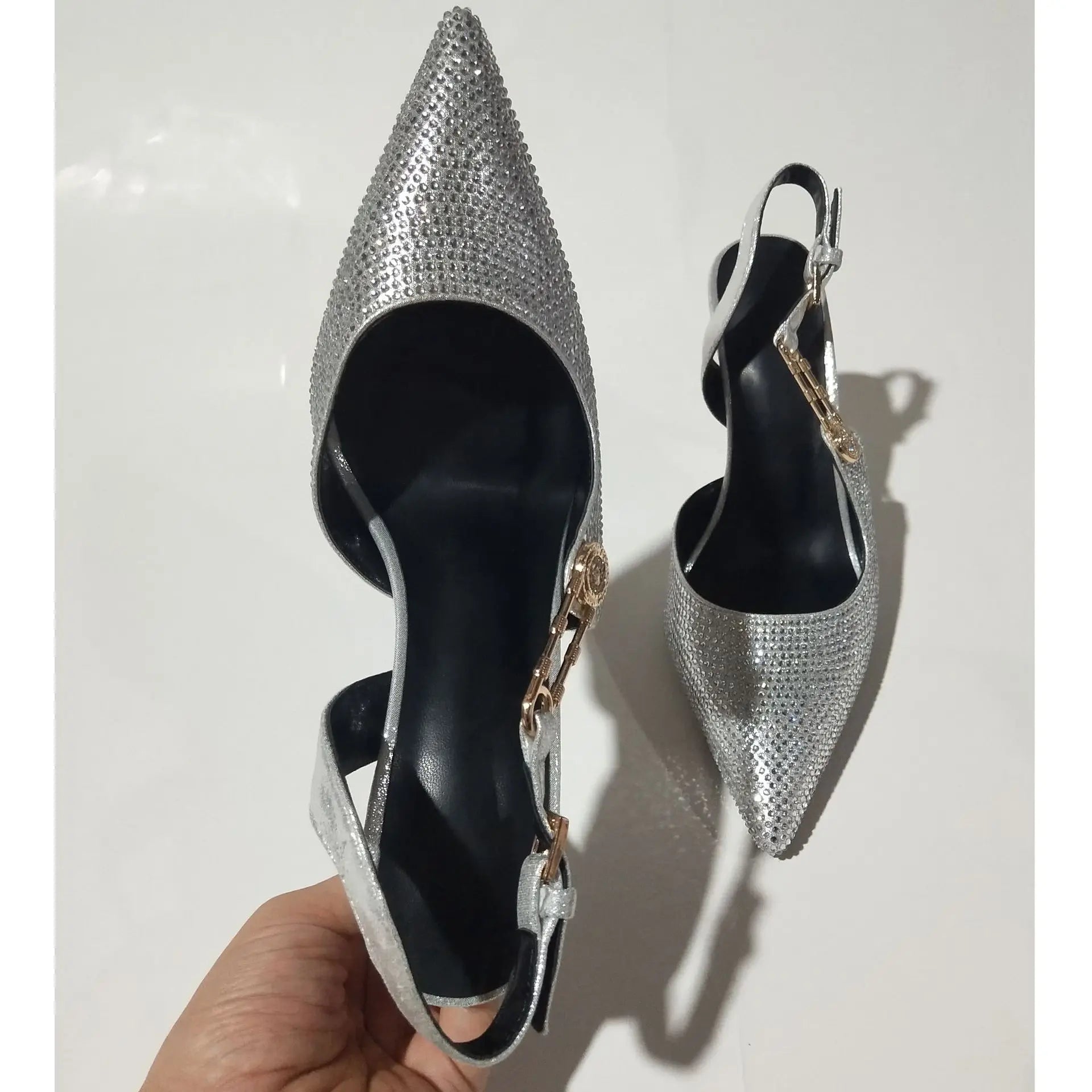 2025Women's Sexy Silk Rhinestone Pumps Belt Buckle Back Hollow Pointed Toe Thin Heel Sandals Pumps Female High Heels Party Shoes