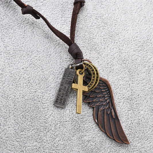 Feather Angel Wings Necklace & Pendants Vintage Brown Leather Neckless for Women Men Jewelry Boys Necklace Statement Necklace