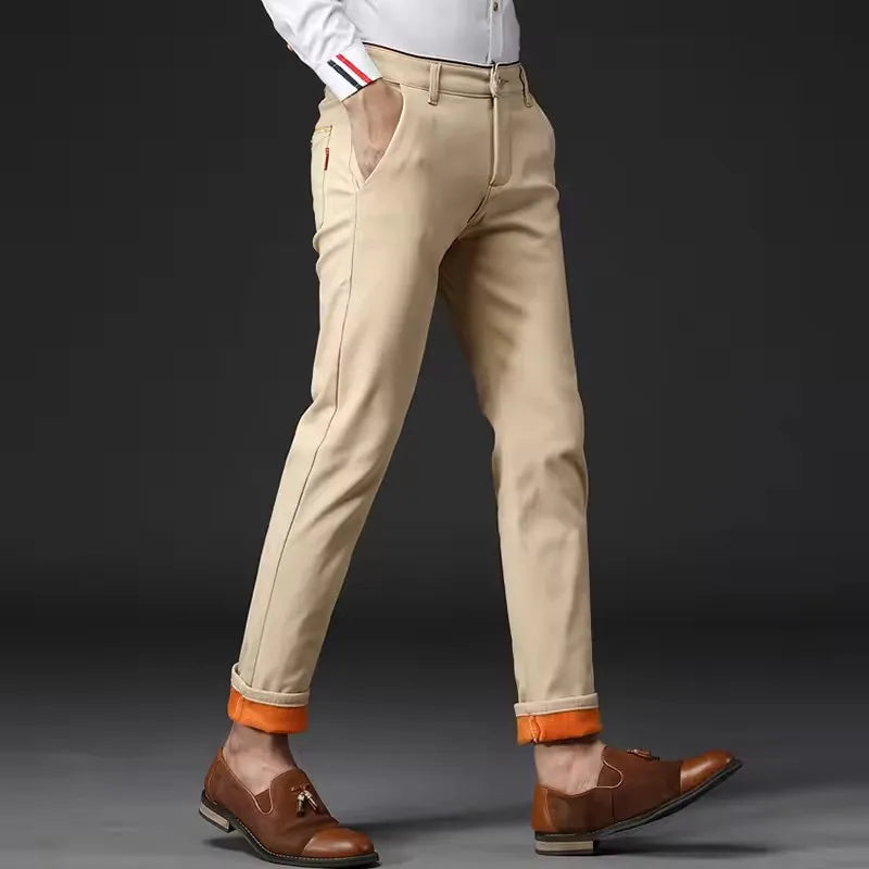 Winter Men Korean Fashion Straight Leg Pants Winter Snow Warm Thermal Thicken Casual Pants New Fleece Slim Fit Business Trousers