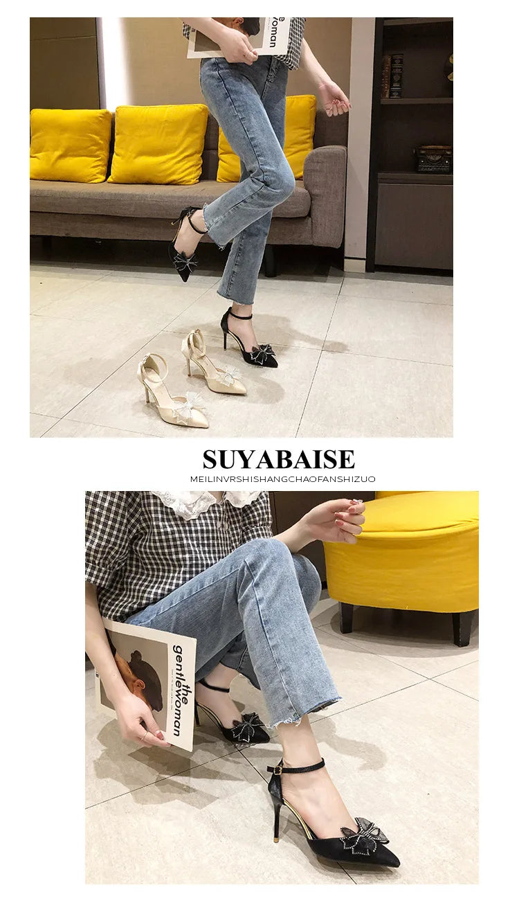Crystal Wedding Shoes Bride Wedding Dress Two Wears  New Bow High Heels Women's Summer Slim Heels White Pointed Sandals  Women