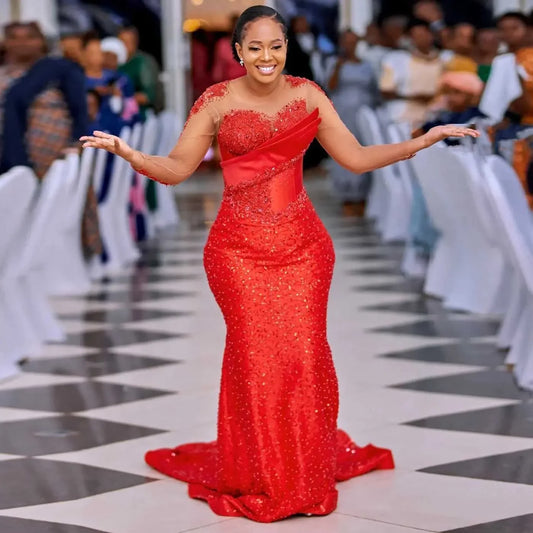 Gorgeous African Red Prom Gown Asoebi Wedding Party Gown Bridal Dress Sheer Long Sleeves Beaded Lace Formal Occasion Dresses