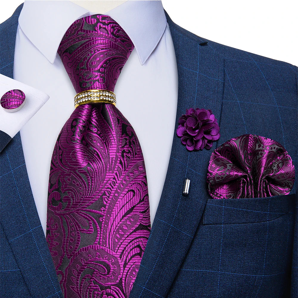 Men's Floral Red 8cm Ties Handkerchief Cufflinks Metal Ring Brooch Pin 5 Pcs Set Wedding Party Suits Accessory Gift for Husband