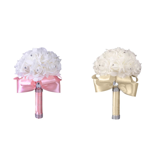 1PC Cheapest PE Rose Bridesmaid Wedding Foam Flowers Rose Bridal Bouquet Ribbon Fake Wedding Bouquet