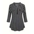 Plus Size 1XL-5XL Womens Stripe 3/4 Sleeve Bllouse Shirts Zipper V Neck Blouses Women Spring/Fall Fashion Stripe Pattern Shirt