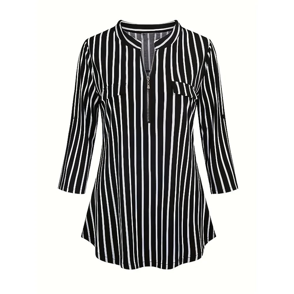 Plus Size 1XL-5XL Womens Stripe 3/4 Sleeve Bllouse Shirts Zipper V Neck Blouses Women Spring/Fall Fashion Stripe Pattern Shirt