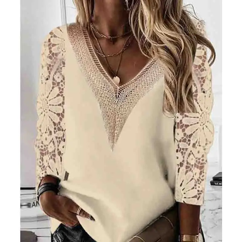 New V-neck Stitching Lace Women Blouse Long Sleeve Spring Hollow Out Chiffon Shirt Casual Tops Loose Clothes Blusas 25948