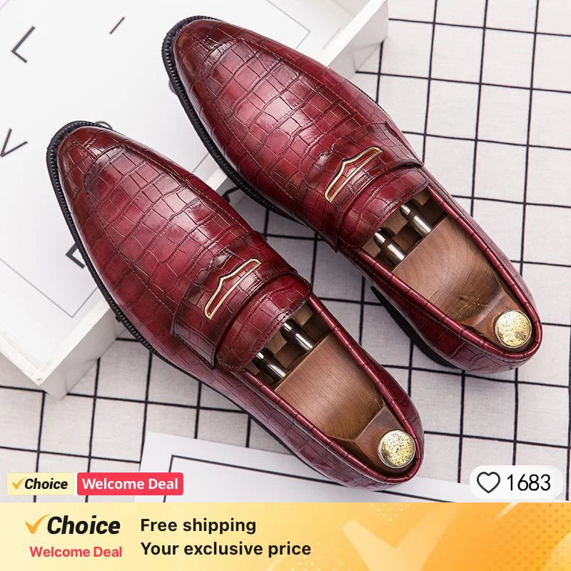 Men's Crocodile Pattern Black Loafers – Pointed Toe Slip-On Wedding Oxford
