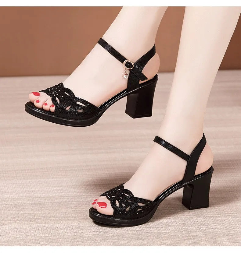 Small Size 32-43 Elegant Rhinestone Black Office Work Mom Shoes Women's Platform Sandals 2025 Summer Med Block Heels Sandals