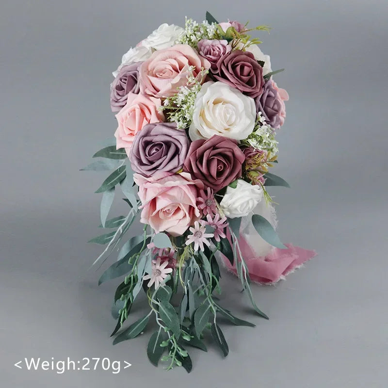45X22CM Artificial Flower Bundle Bride Water Drops Holding Flowers Wedding Supplies Rose Silk Flower Wedding Photography Props