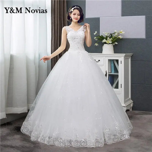 Cheap Korean Style V-Neck Lace Tank Sleeveless Floral Print Ball Gown Ivory Wedding Dress 2023 New Simple estidos de noivas
