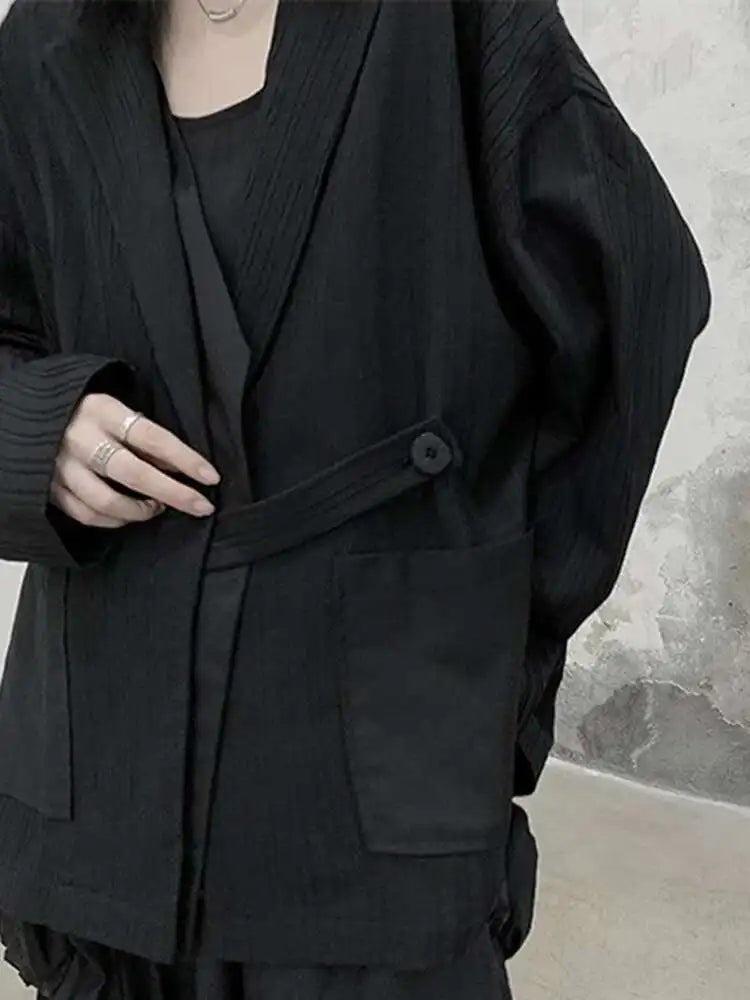 EAM Gray Spliced Pleated Personality Blazer Women New Lapel Long Sleeve Loose Fit Jacket Fashion Tide Spring Autumn 2025 30A1252